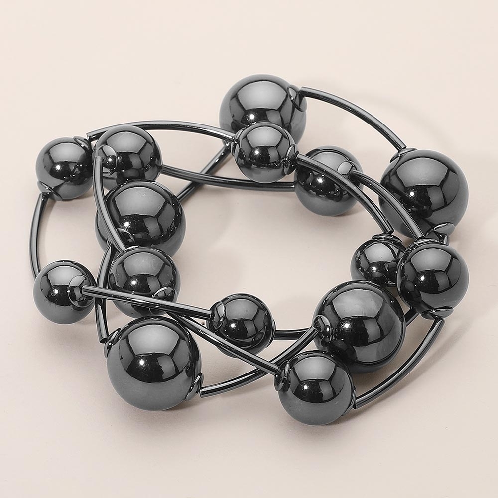 Black Metal Ball Beaded 3 Pcs Station MultiLayered Stretch Bracelet Casual